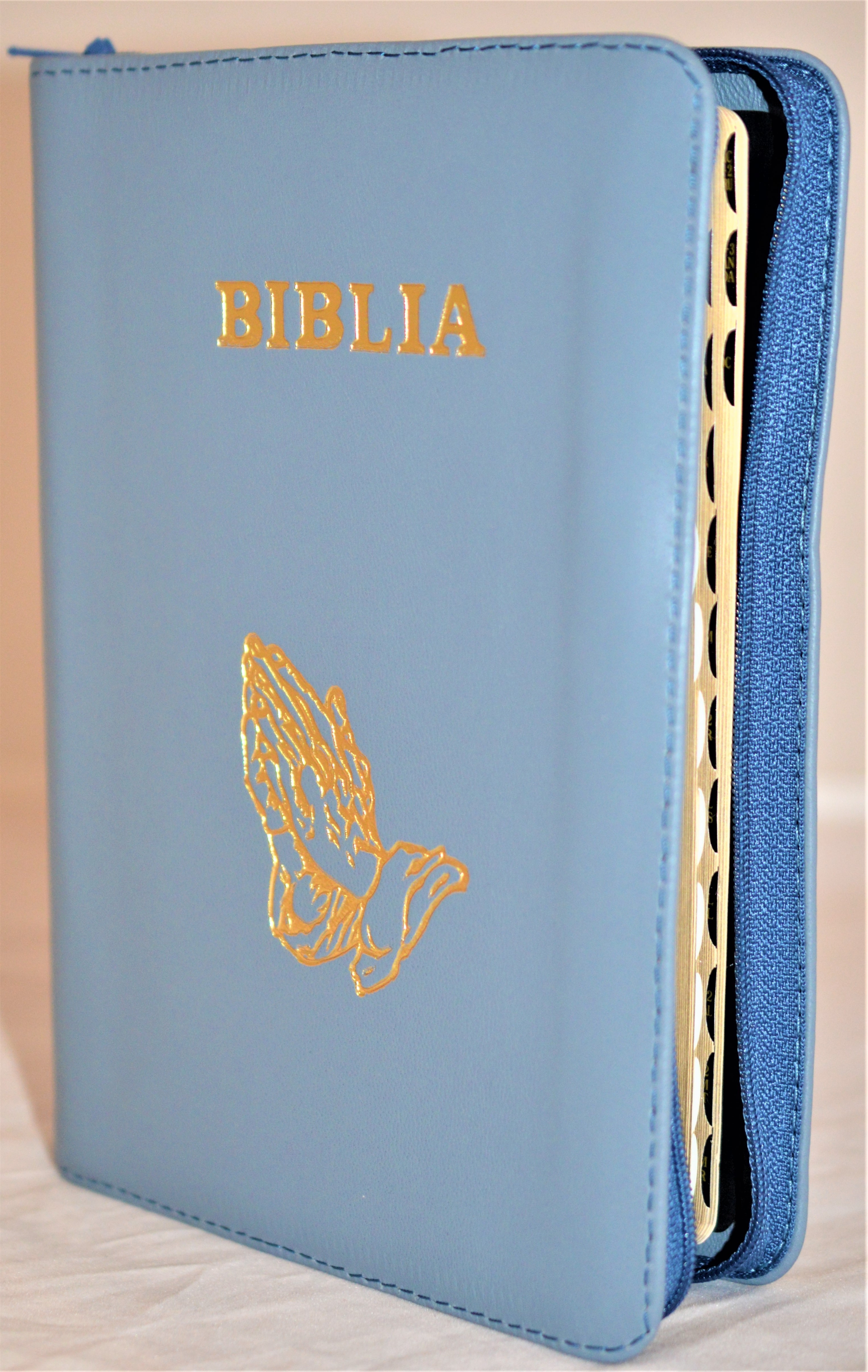 Biblie din piele, marime medie, culoare nuanta albastru celadon, simbol maini in rugaciune, fermoar, index, margini aurii, [SB 057 PFI]