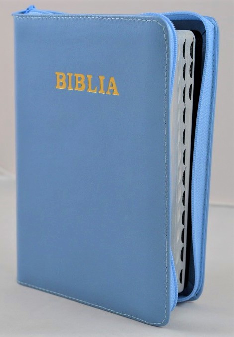 Biblie din piele, marime medie, culoare albastru deschis, simpla, fermoar, index, margini argintii, cuv. lui Isus cu rosu [SB 057 PFI]