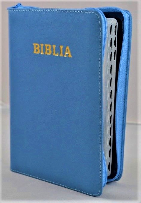 Biblia format mic, din piele, albastra, index, fermoar, margini argintii, cuv. lui Isus in rosu [047 PFI]