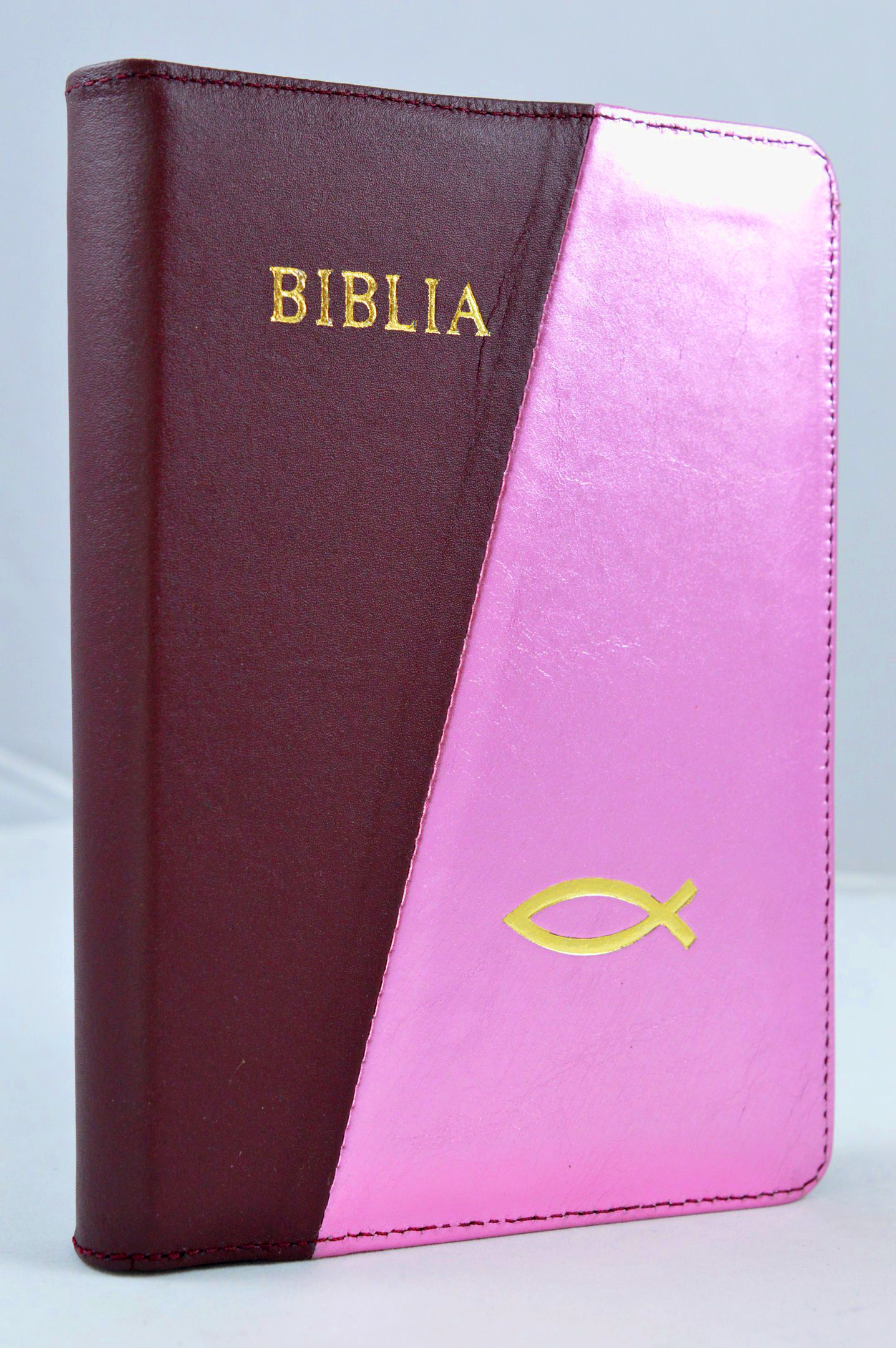 Biblie din piele, marime mijlocie, visiniu / roz, fermoar, cuv. lui Isus cu rosu [053]