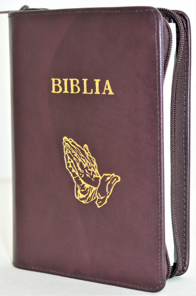 Biblia din piele, marime medie, bordo inchis, fermoar, simbol maini in ruga, cuv. lui Isus cu rosu [053]