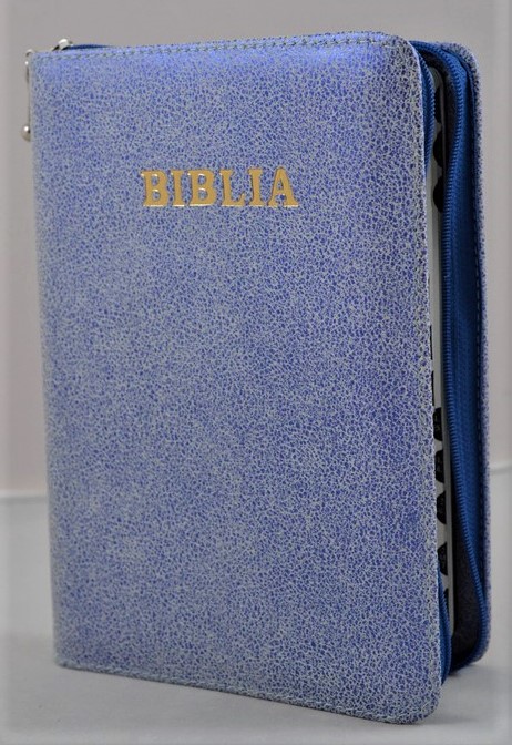 Biblie din piele, marime medie, culoare albastru metalizat cu alb, simpla, fermoar, index, margini argintii, cuv. lui Isus cu rosu [SB 057 PFI]