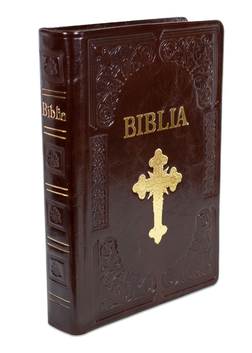 Biblia Ortodoxa, marime mare, hand made, imbracata in piele, margini albe, culoare visiniu inchis, cu cruce (cu aprobarea Sf. Sinod) Biblia Ortodoxa, marime mare, hand made, imbracata in piele, margini albe, culoare visiniu inchis, cu cruce (cu aprobarea Sf. Sinod)