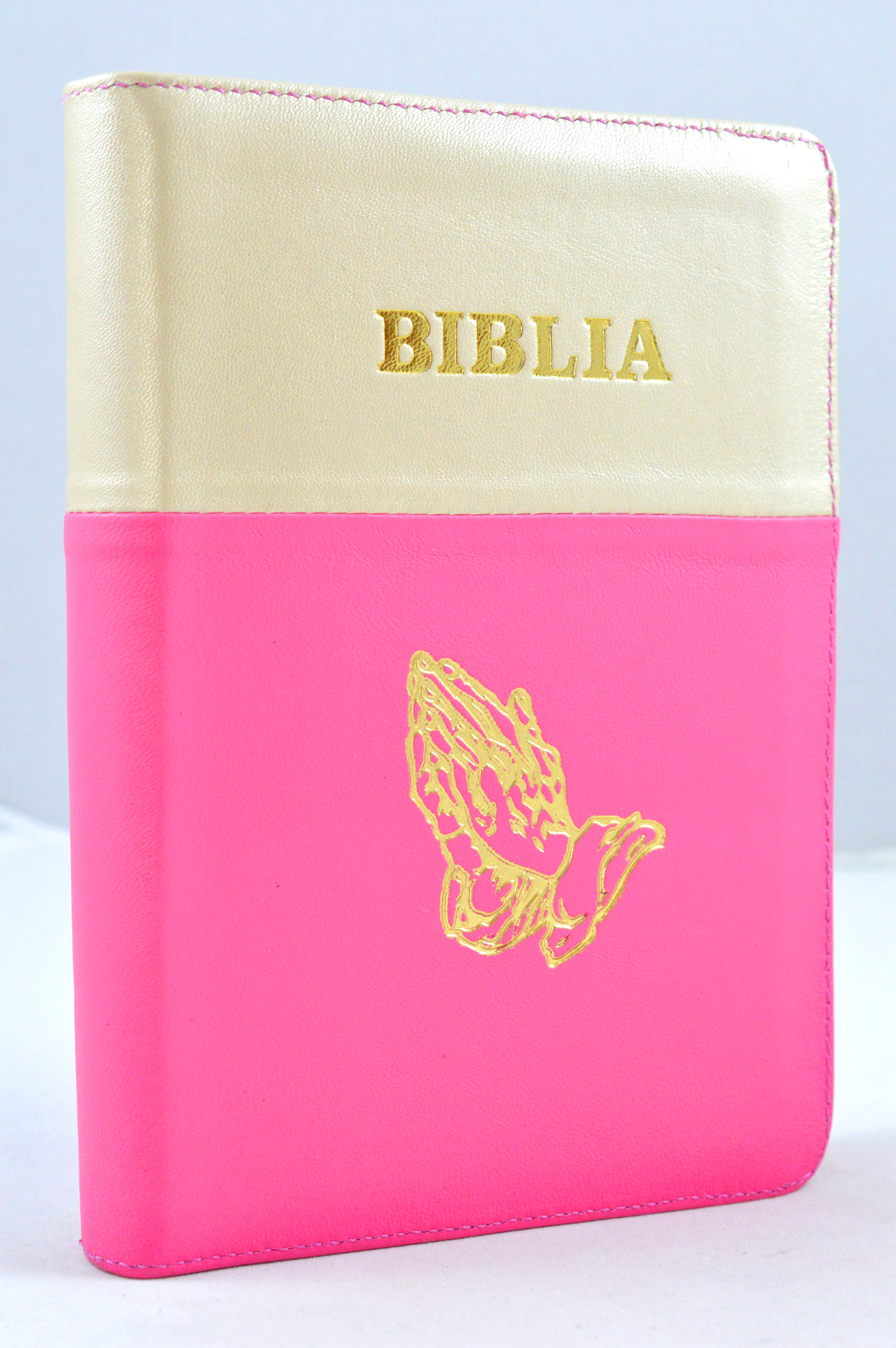 Biblia din piele, marime medie, bej deschis - roz bombon, fermoar, simbol maini, cuv. lui Isus cu rosu [053]