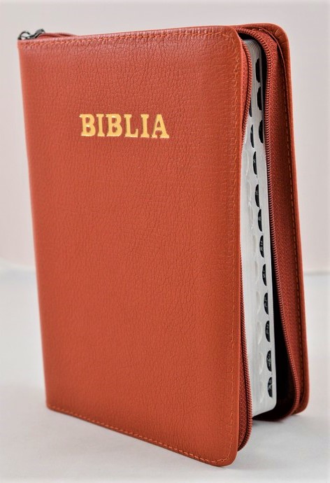 Biblie din piele, marime medie, culoare caramizie, simpla, fermoar, index, margini argintii, cuv. lui Isus cu rosu [SB 057 PFI]