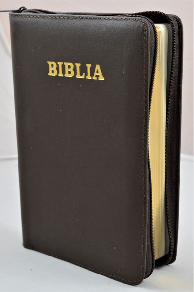 Biblia din piele, medie, maro, fermoar, aurita, cuv. lui Isus cu rosu [052]
