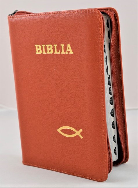 Biblie din piele, marime medie, culoare caramizie, simbol peste, fermoar, index, margini argintii, cuv. lui Isus cu rosu [SB 057 PFI]