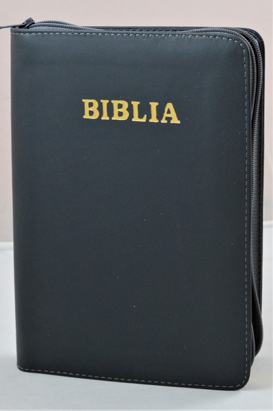 Biblia din piele, medie, gri inchis, fermoar, aurita, cuv. lui Isus cu rosu [052]