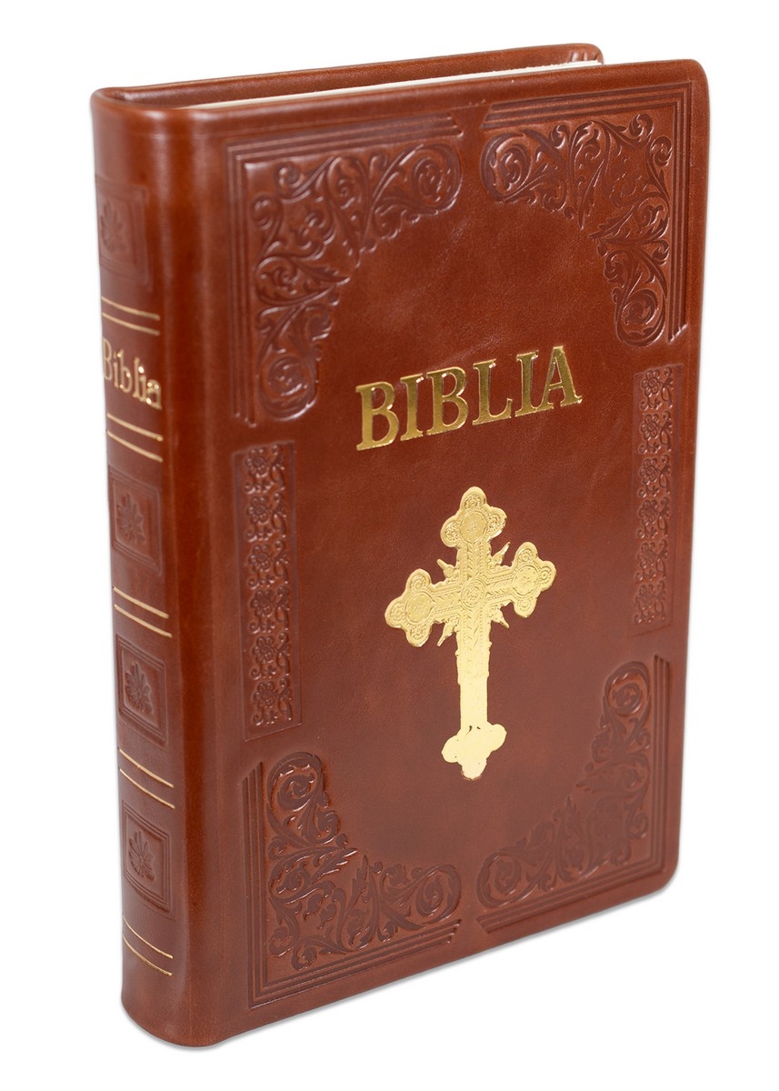 Biblia Ortodoxa, marime mare, hand made, imbracata in piele, margini albe, culoare maro, cu cruce (cu aprobarea Sf. Sinod) Biblia Ortodoxa, marime mare, hand made, imbracata in piele, margini albe, culoare maro, cu cruce (cu aprobarea Sf. Sinod)