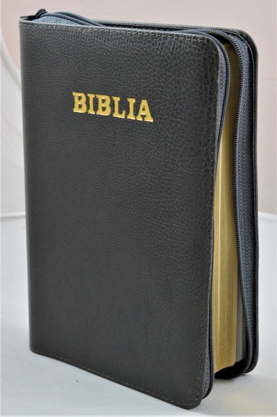Biblia din piele, medie, gri, fermoar, aurita, cuv. lui Isus cu rosu [052]