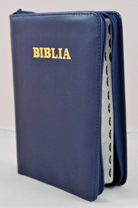 Biblie din piele, marime medie, culoare albastru inchis, simpla, fermoar, index, margini aurii, cuv. lui Isus cu rosu [SB 057 PFI]