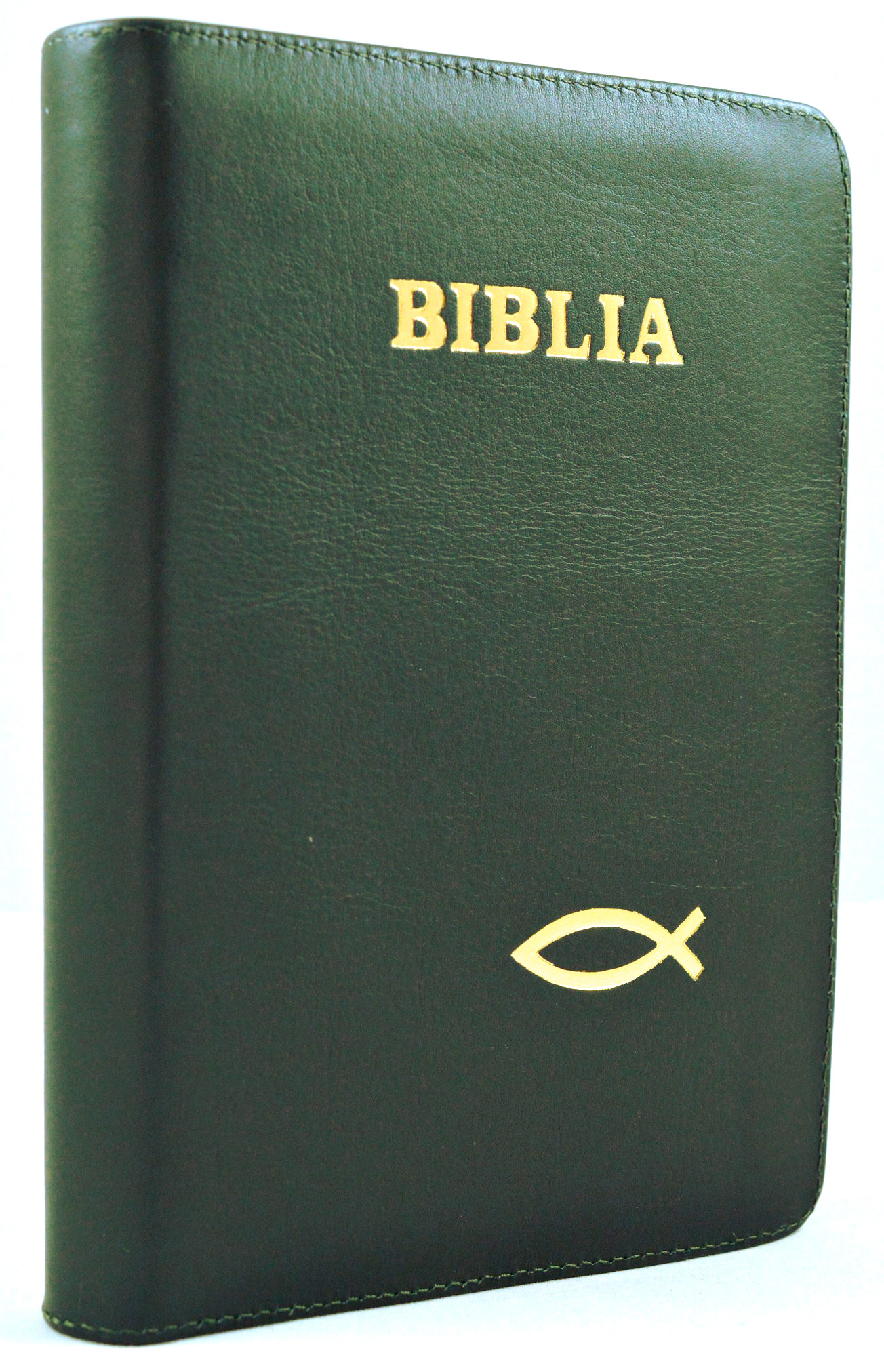 Biblia din piele, marime medie, verde inchis, fermoar, cu peste [053]