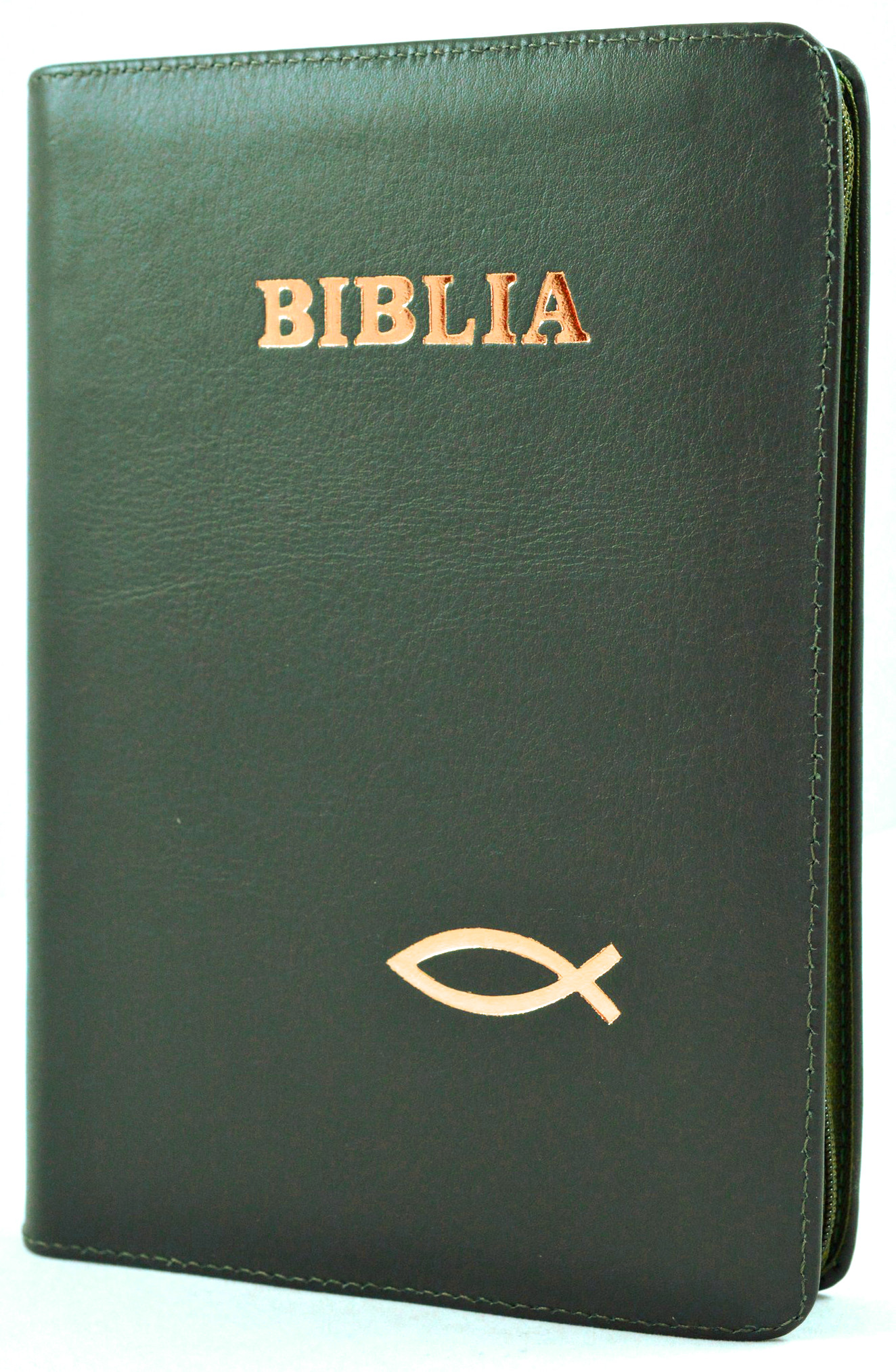 Biblia din piele, marime medie, oliv inchis, fermoar, simbol peste, cuv. lui Isus cu rosu [053]