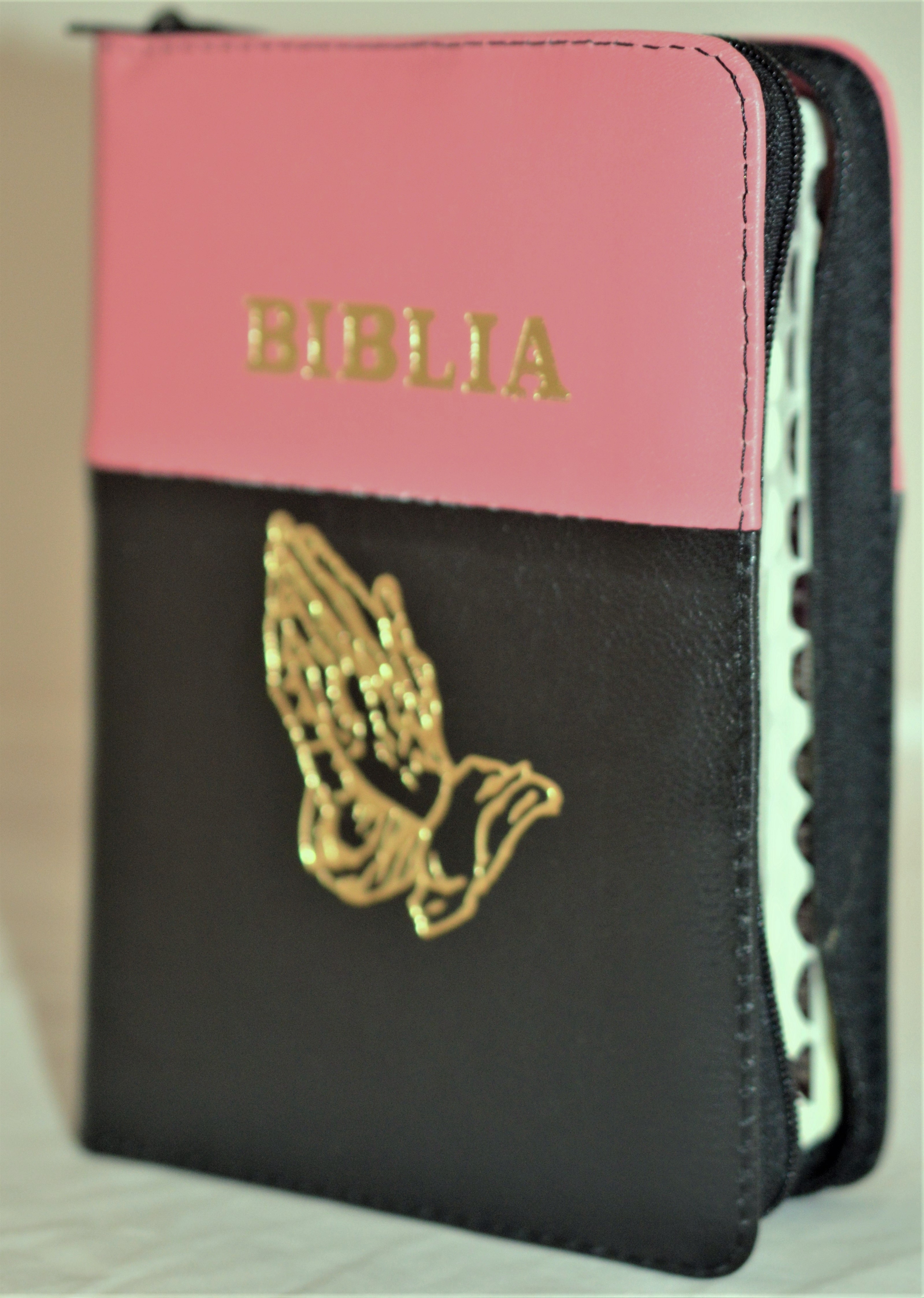 Biblia mica, coperta piele, culoare roz cu negru, index, fermoar, margini aurii,  simbolul maini, cuv. lui Isus in rosu [047 PFI]