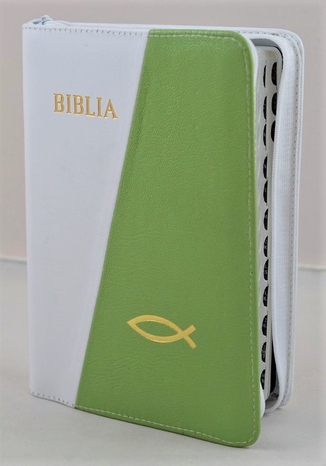 Biblie din piele, marime medie,culoare alb/verde simbol peste, fermoar, index, margini argintii, cuv. lui Isus cu rosu [SB 057 PFI]