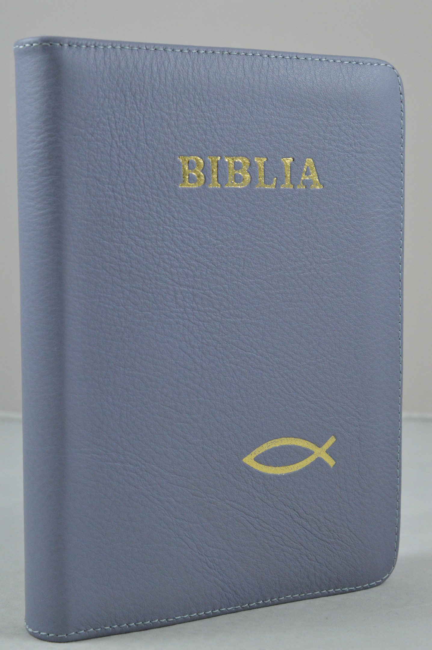 Biblia din piele, marime medie, gri, fermoar, simbol peste, cuv. lui Isus cu rosu [053]