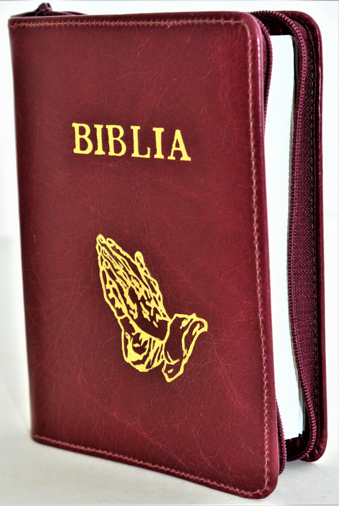 Biblie din piele, mica, visiniu marmorat, fermoar, margini albe, simbolul maini in ruga, cuv. lui Isus in rosu [043 PF]