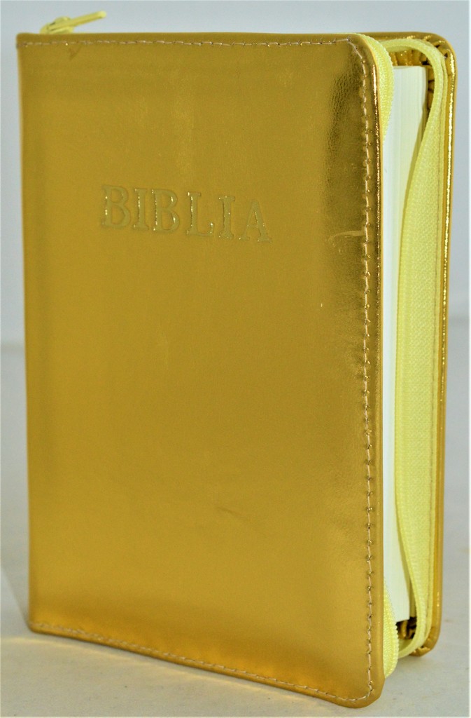 Biblie din piele, mica, auriu, fermoar, margini albe, cuv. lui Isus in rosu [043 PF]