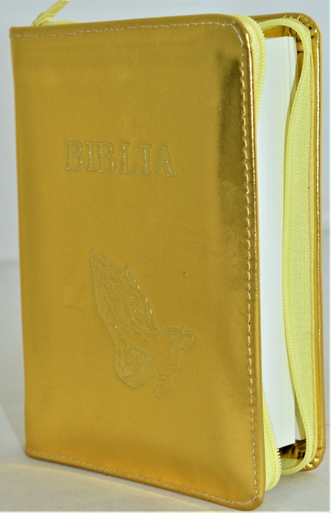 Biblie din piele, mica, auriu, fermoar, margini albe, simbolul maini in ruga, cuv. lui Isus in rosu [043 PF]