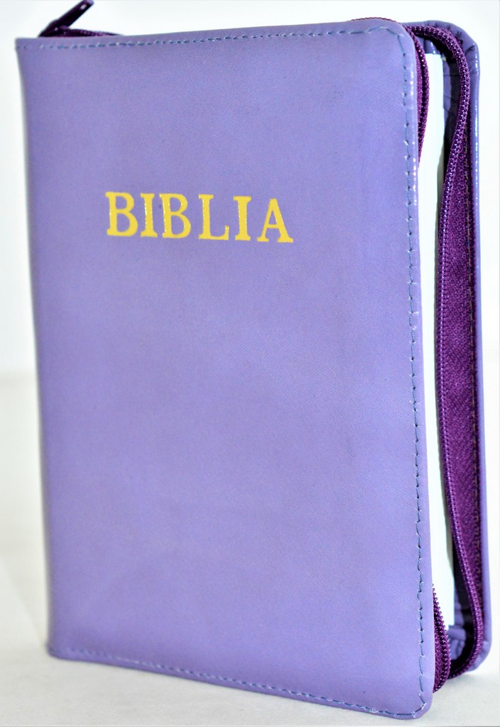 Biblie din piele, mica, violet pal, fermoar, margini albe, cuv. lui Isus in rosu [043 PF]