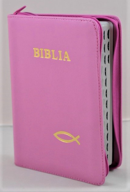 Biblie din piele, marime medie roz , simbol peste, fermoar, index, margini argintii, cuv. lui Isus cu rosu [SB 057 PFI]