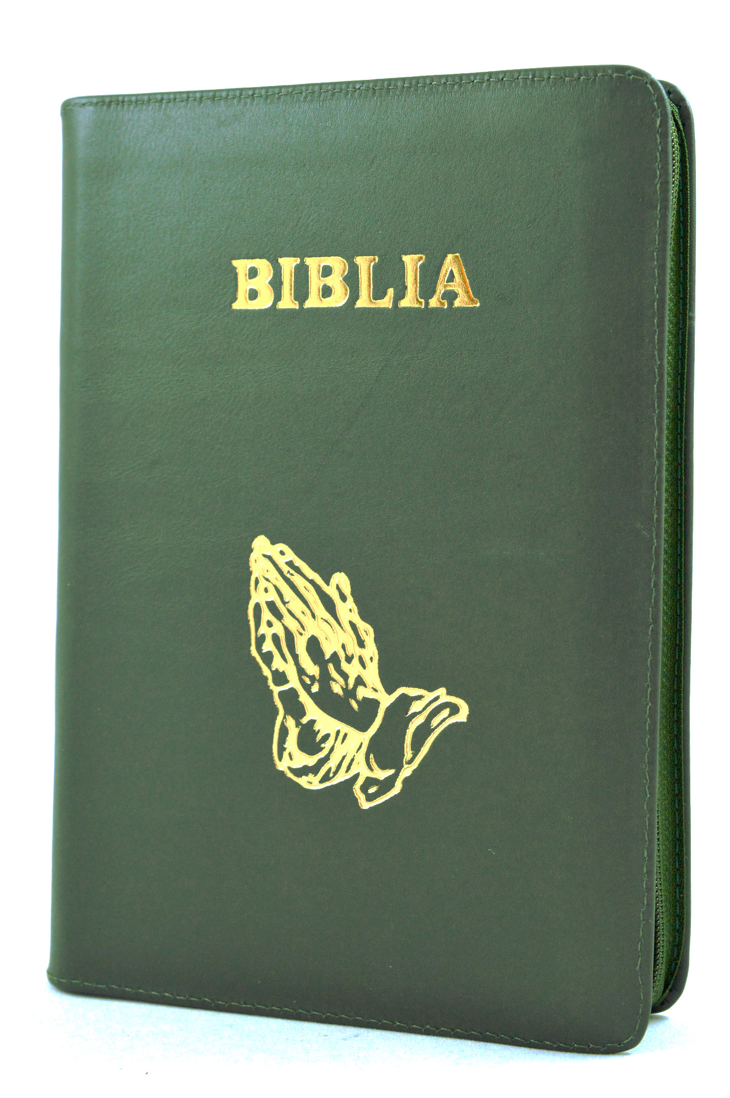Biblia din piele, marime medie, oliv inchis, fermoar, cuv. lui Isus cu rosu, simbol maini [053]