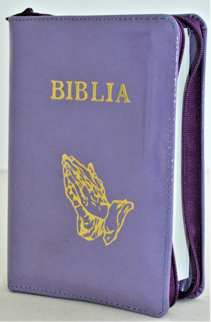 Biblie din piele, mica, violet pal, fermoar, margini albe, simbolul maini in ruga, cuv. lui Isus in rosu [043 PF]