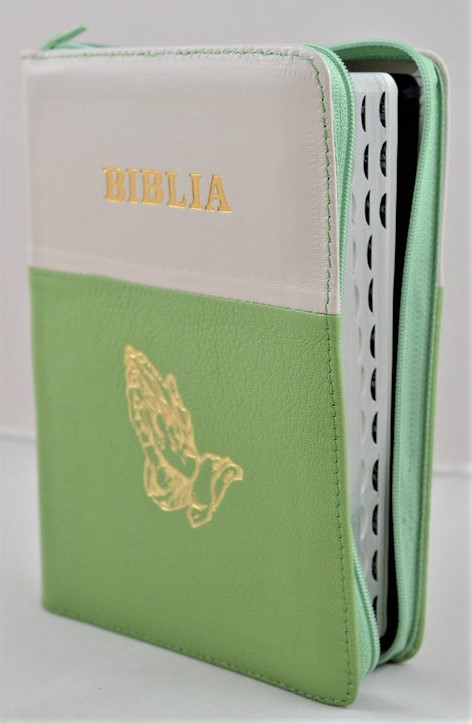 Biblie din piele, marime medie, culoare verde cu crem , simbol maini in rugaciune, fermoar, index, margini argintii, cuv. lui Isus cu rosu [SB 057 PFI]