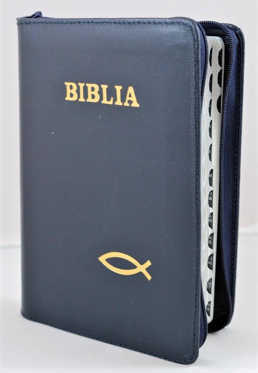 Biblie din piele, marime medie, albastru inchis, simbol peste, fermoar, index, margini argintii, cuv. lui Isus cu rosu [SB 057 PFI]