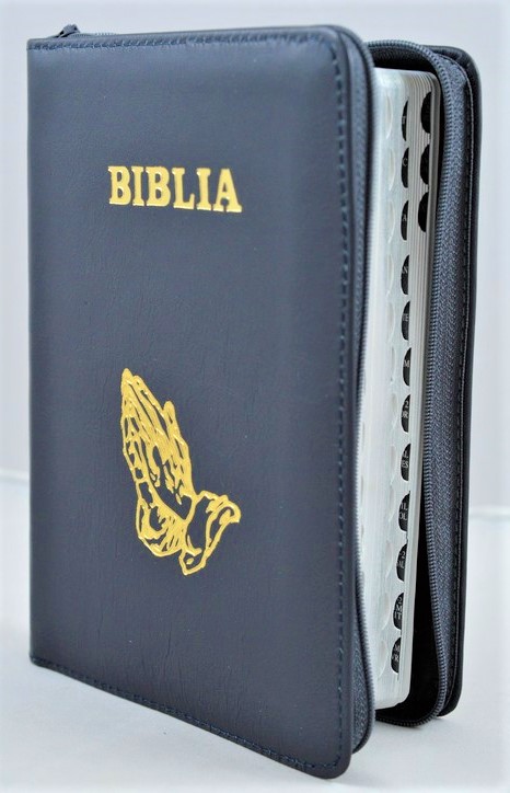 Biblie din piele, marime medie,culoare gri inchis, fermoar, index,simbol maini in ruga margini aurii, cuv. lui Isus cu rosu [SB 057 PFI]