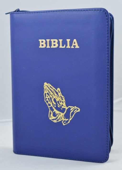 Biblie din piele, marime medie,culoare indigo, fermoar, index,simbol maini in ruga margini aurii, cuv. lui Isus cu rosu [SB 057 PFI]