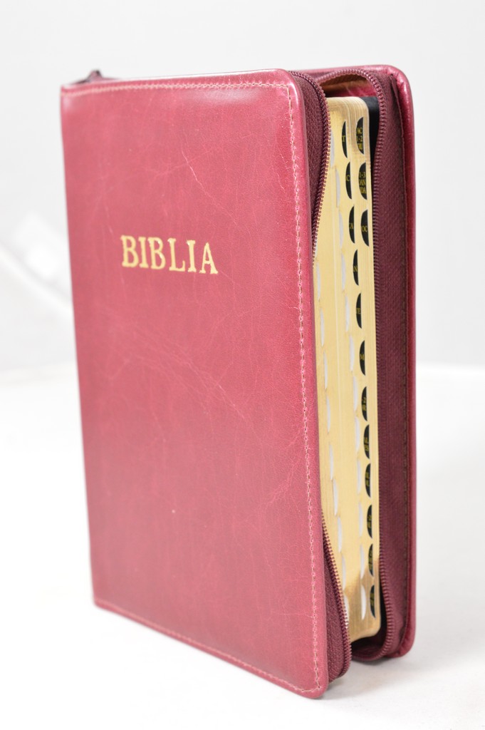 Biblie din piele, marime medie, culoare rosu aprins, simpla, fermoar, index, margini aurii, cuv. lui Isus cu rosu [SB 057 PFI]
