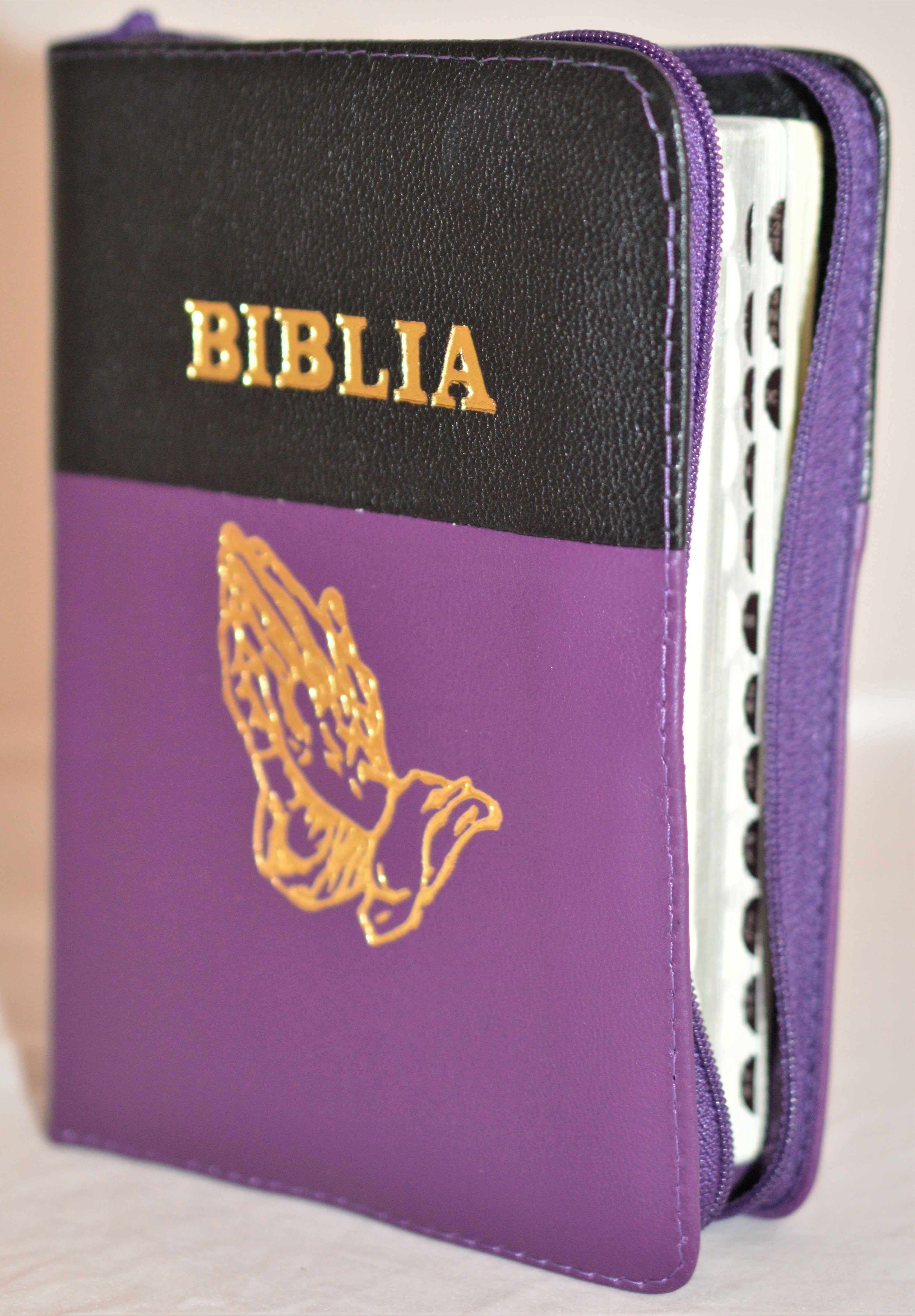 Biblia format mic, din piele, culoare negru cu magenta, index, fermoar, margini argintii, simbolul maini in ruga, cuv. lui Isus in rosu [047 PFI]
