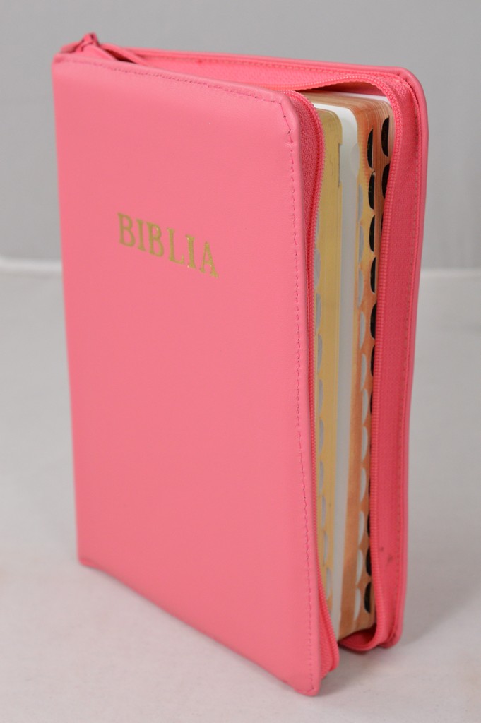 Biblie din piele, marime medie, culoare roz coral, simpla, fermoar, index, margini aurii, cuv. lui Isus cu rosu [SB 057 PFI]