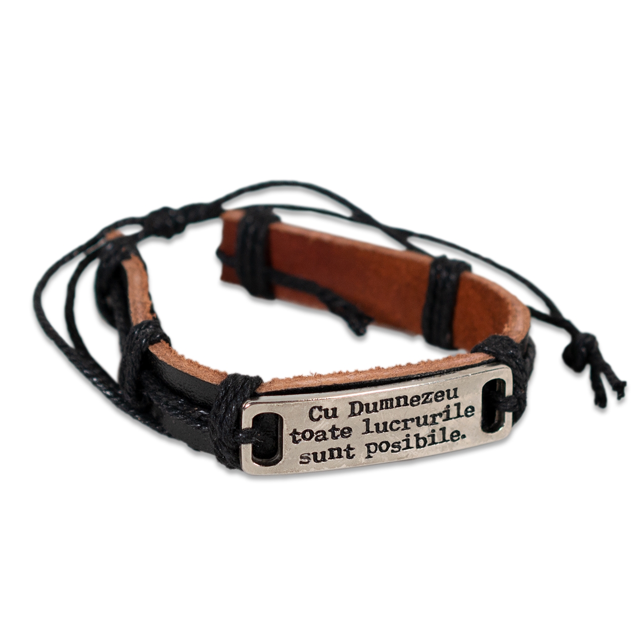 Bratara din piele negra - " Cu Dumnezeu toate lucrurile sunt posibile " Bratara din piele negra - " Cu Dumnezeu toate lucrurile sunt posibile "