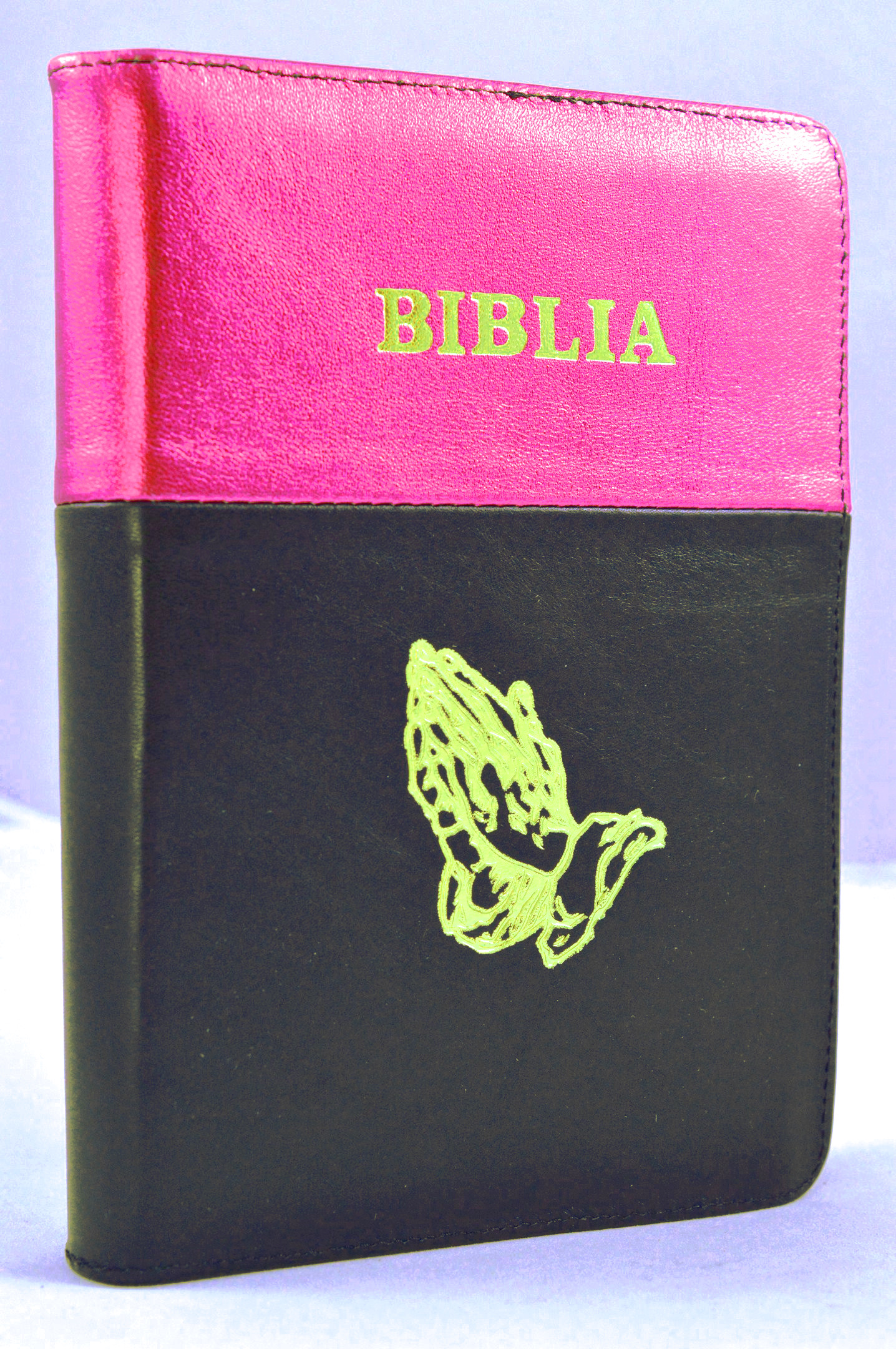 Biblia din piele, marime medie, roz ciclam - negru, fermoar, simbol maini, cuv. lui Isus cu rosu [053]