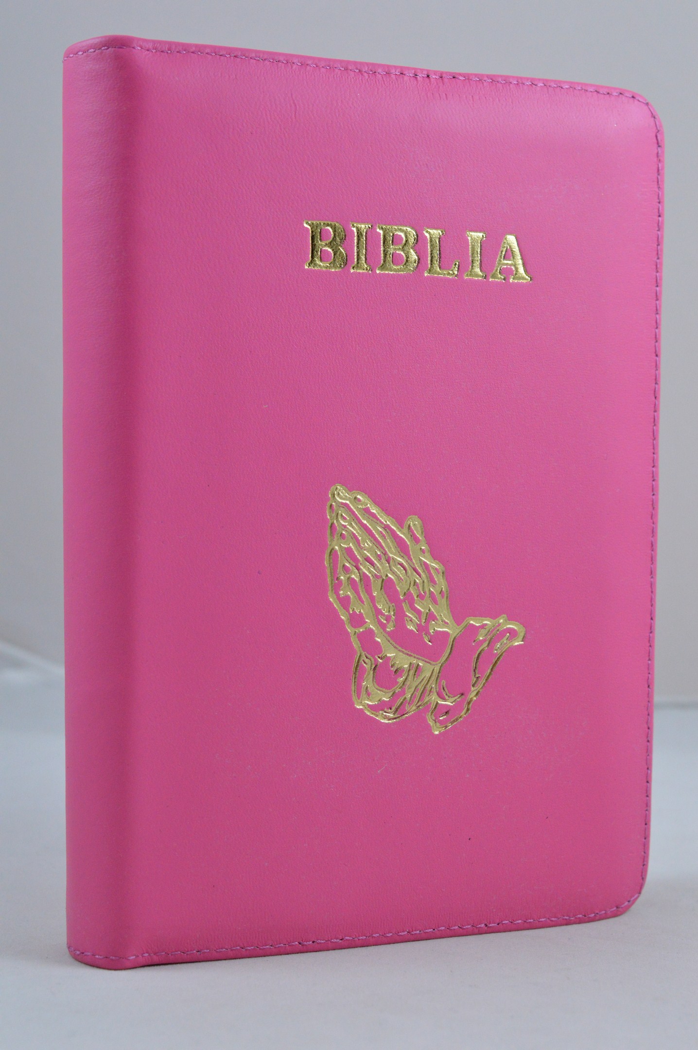 Biblie din piele, marime medie, roz bombon, maini in rugaciune, fermoar, index, margini aurii, harti biblice [SI 057 PFI]