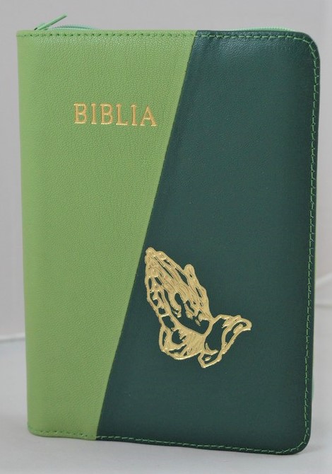 Biblie din piele, marime medie, culoare verde/ verde inchis, simbol maini in rugaciune, fermoar, index, margini argintii, cuv. lui Isus cu rosu [SB 057 PFI]