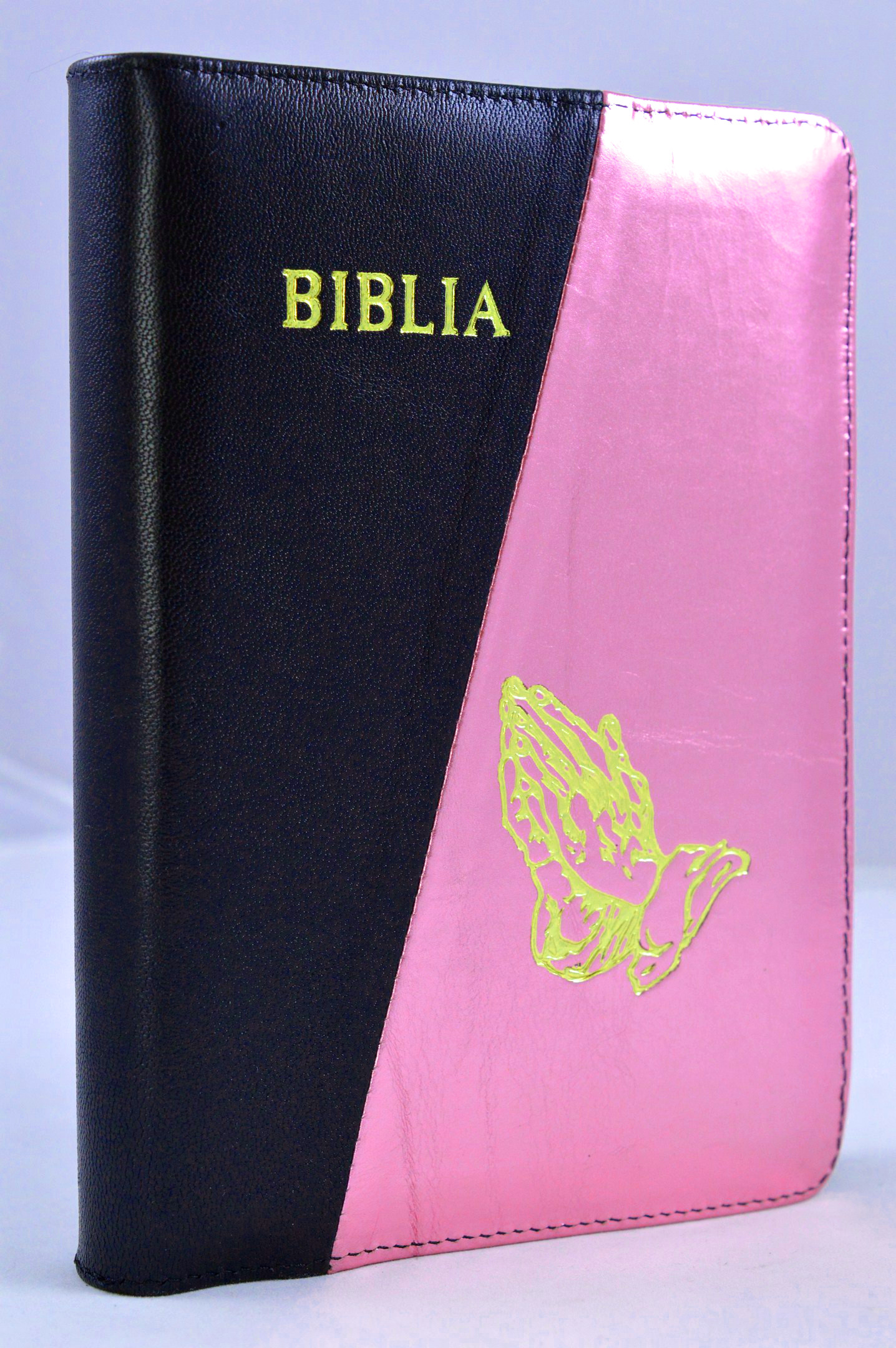Biblia din piele, marime medie, negru / roz, fermoar, simbol maini, cuv. lui Isus cu rosu [053]