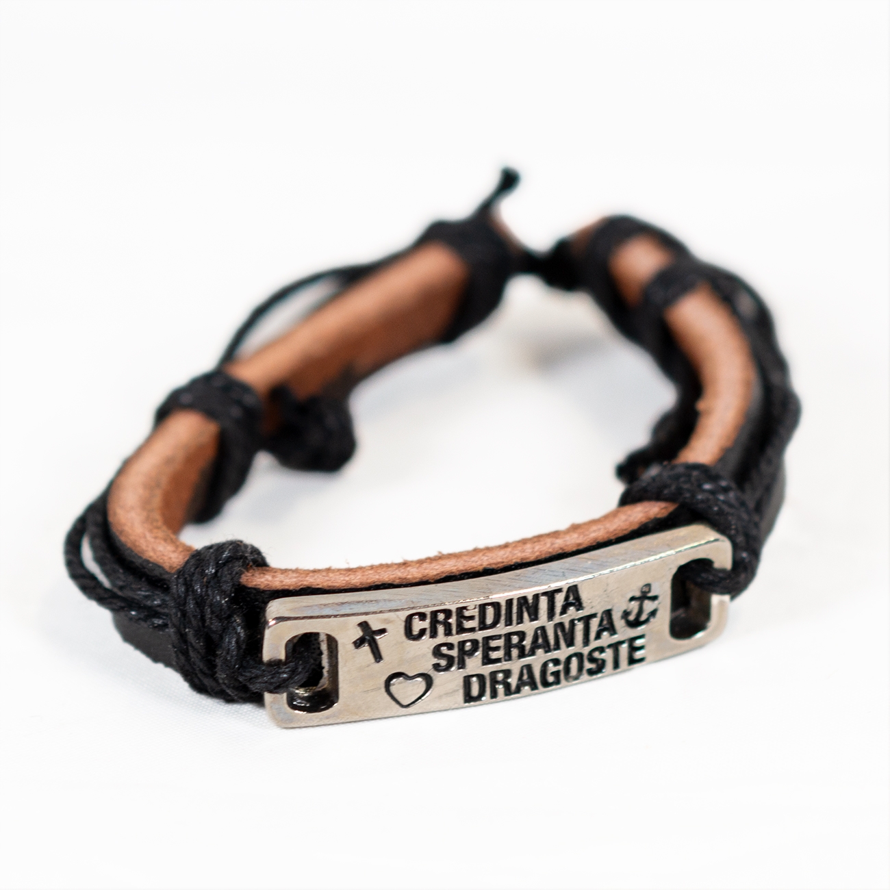 Bratara din piele neagra - " CREDINTA , SPERANTA, DRAGOSTE"
