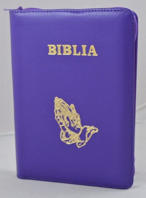 Biblie din piele, marime medie,culoare mov, fermoar, index,simbol maini in ruga margini argintii, cuv. lui Isus cu rosu [SB 057 PFI]