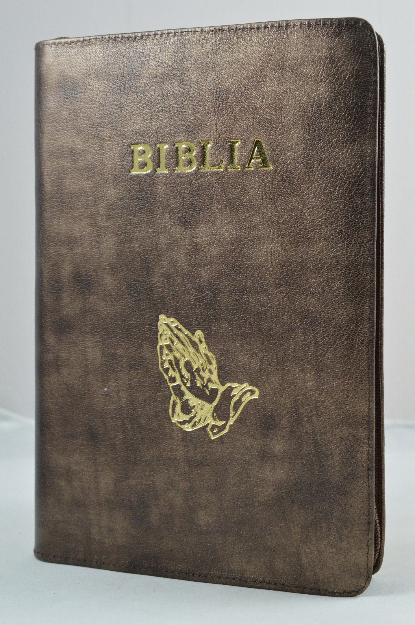 Biblia mare, coperta piele,nuante de maro, fermoar, simbol maini [VS 073 PF]