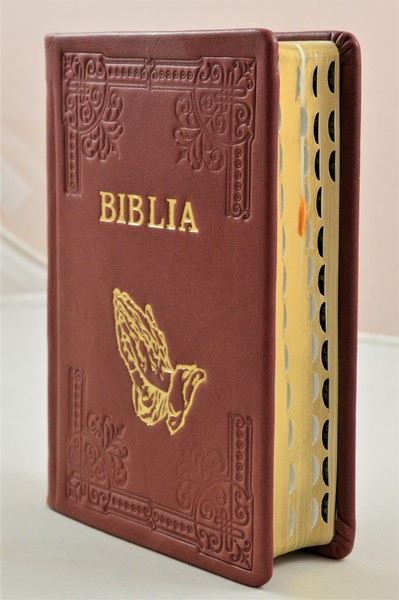Biblia din piele, handmade, marime medie, visinie, margini aurii cu index, simbol maini, cuv. lui Isus cu rosu [052 HM]