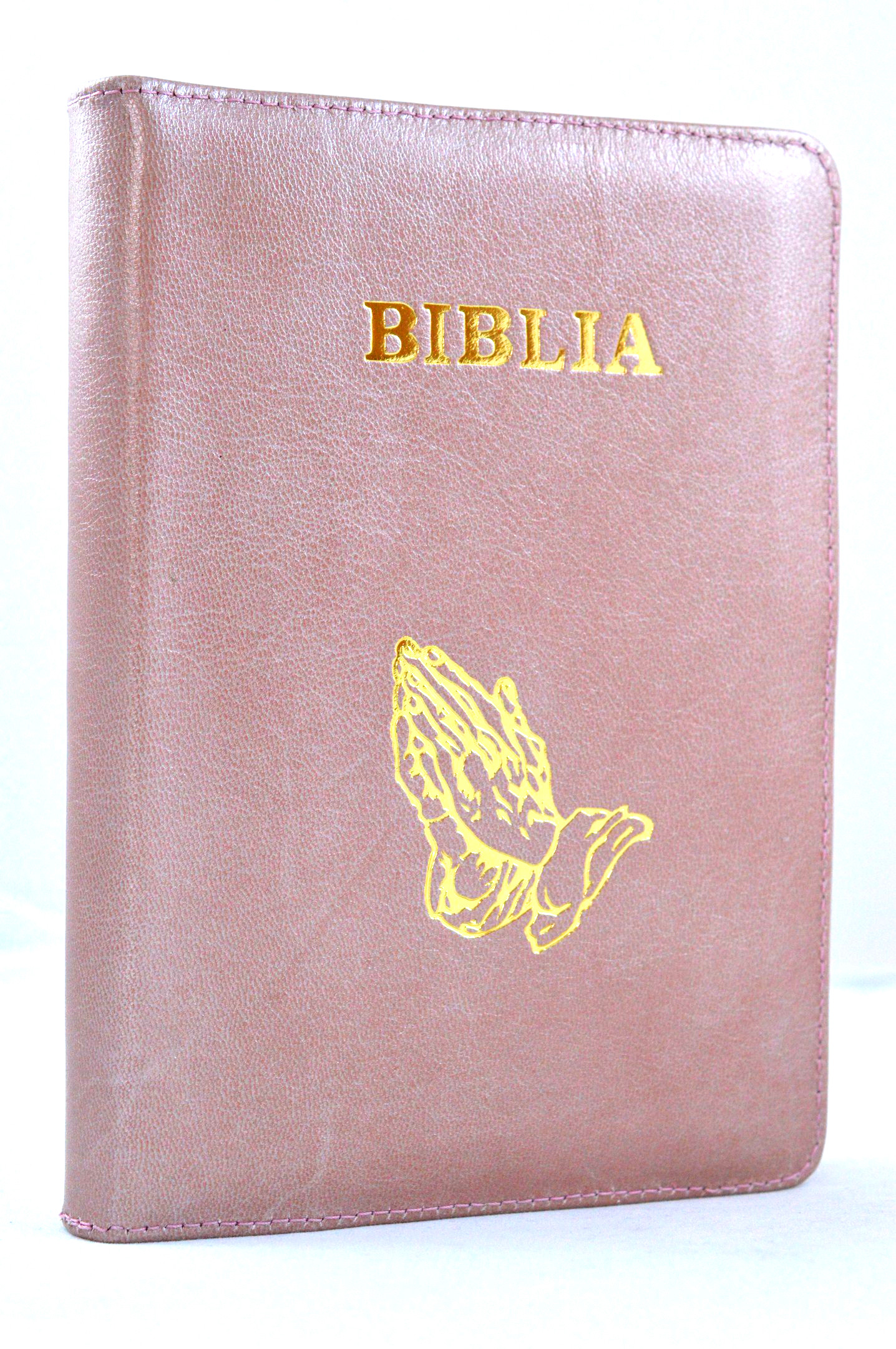 Biblia din piele, marime medie, nuanta de roz, fermoar, cuv. lui Isus cu rosu [053]