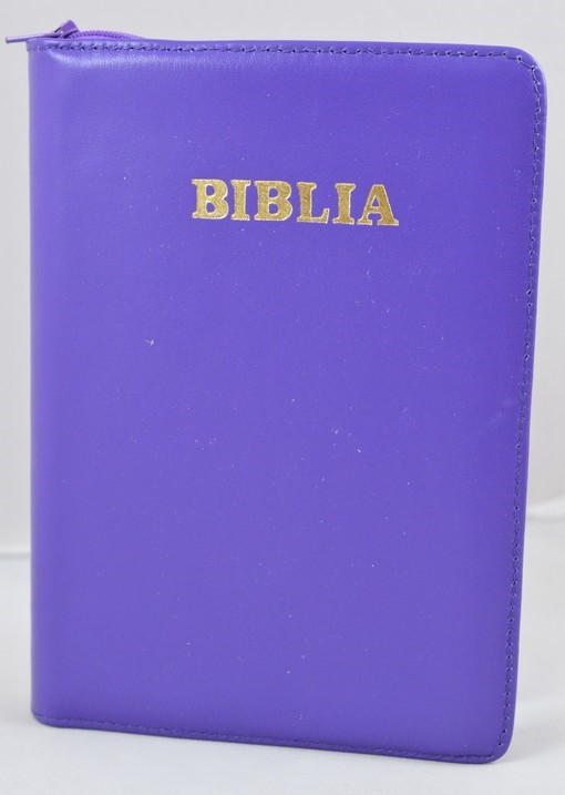 Biblie din piele, marime medie, culoare mov, simpla, fermoar, index, margini argintii, cuv. lui Isus cu rosu [SB 057 PFI]