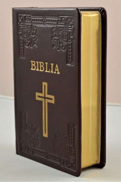 Biblia din piele, handmade, marime medie, visinie, margini aurii, simbol cruce, cuv. lui Isus cu rosu [052 HM]