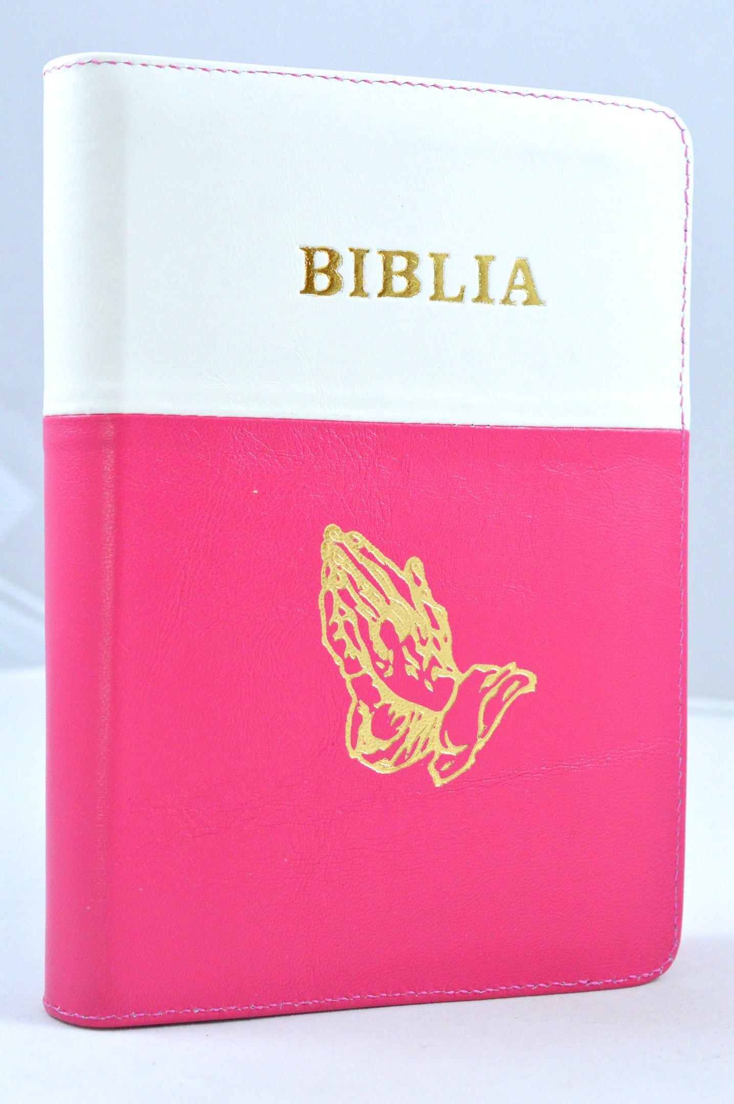 Biblia din piele, marime medie, alb - roz bombom, fermoar, simbol maini, cuv. lui Isus cu rosu [053]