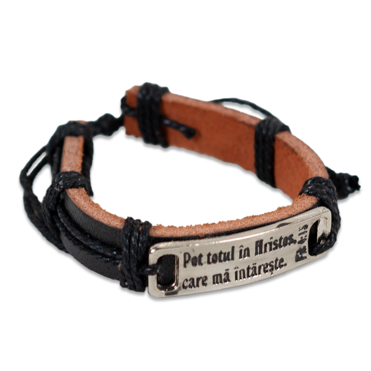 Bratara din piele neagra - "Pot totul in Hristos, care ma intareste" Bratara din piele neagra - "Pot totul in Hristos, care ma intareste"