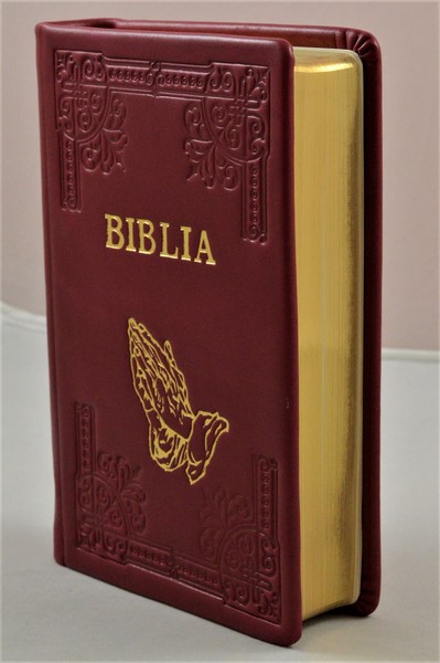 Biblia din piele, handmade, marime medie, visinie, margini aurii, simbol maini, cuv. lui Isus cu rosu [052 HM]