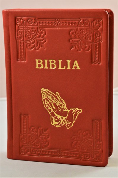 Biblia din piele, handmade, marime medie, rosie, margini aurii, simbol maini, cuv. lui Isus cu rosu [052 HM]